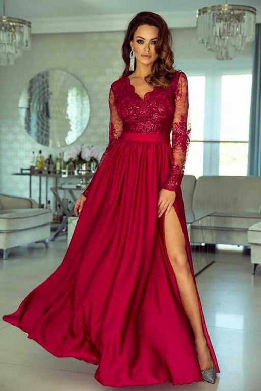 Long-Sleeve V-Neck Lace Prom Dress With Slit