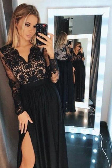 Long Sleeves Black Prom Dress with Split