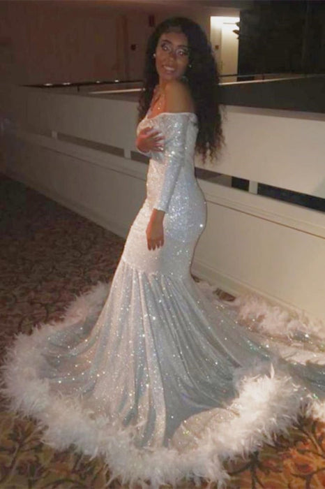 Long Sleeves Off-the-Shoulder Sequins Mermaid Long Prom Dress with Feather