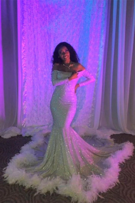 Long Sleeves Off-the-Shoulder Sequins Mermaid Long Prom Dress with Feather