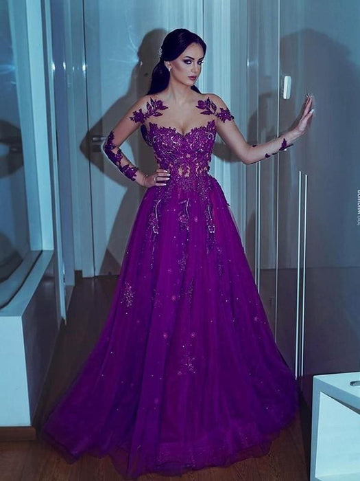 Long Sleeves Scoop Sweep/Brush Train With Applique Organza Dresses - Prom Dresses