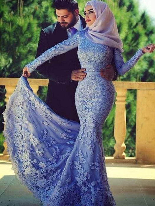 Long Sleeves Scoop Sweep/Brush Train With Ruffles Lace Muslim Dresses - Prom Dresses