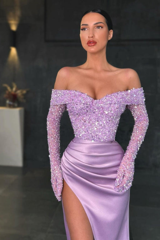 Long Sleeves Sequins Mermaid Prom Dress with Slit