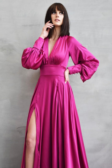 Long Sleeves V-Neck Prom Dress with Slit