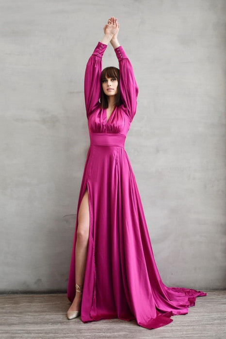 Long Sleeves V-Neck Prom Dress with Slit