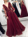 Long Sleeves V-Neck Sweep/Brush Train With Applique Tulle Dresses - Prom Dresses