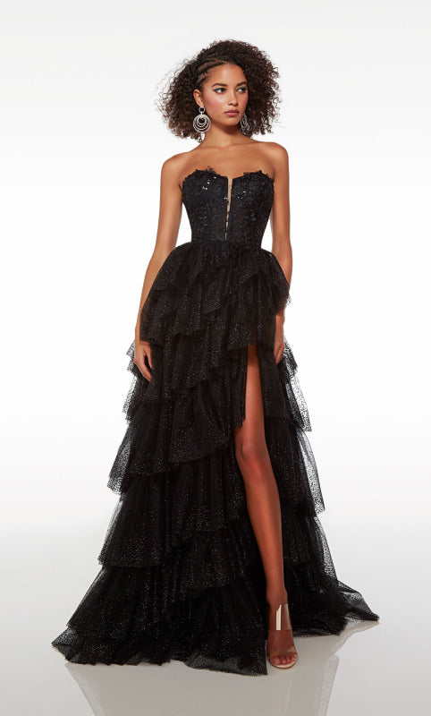 Long Tulle Formal Prom Dress with Slit Gloves Gown V-Neck Sleeveless