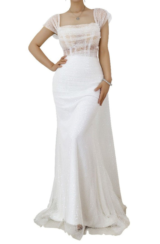 Long White Spaghetti Strap Sleeveless Elegant Tulle Prom Dress