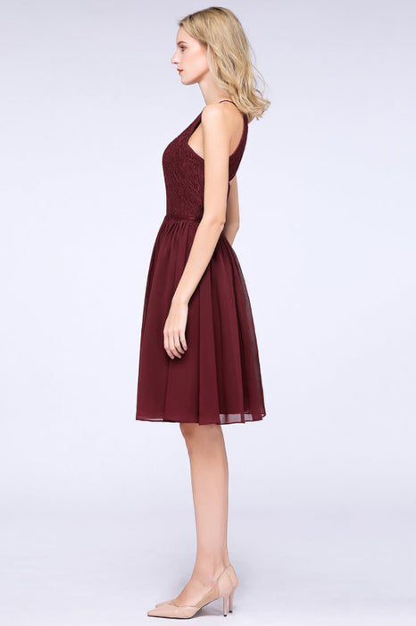 Bridelily Lovely Burgundy Lace Short Bridesmaid Dress With Spaghetti-Straps