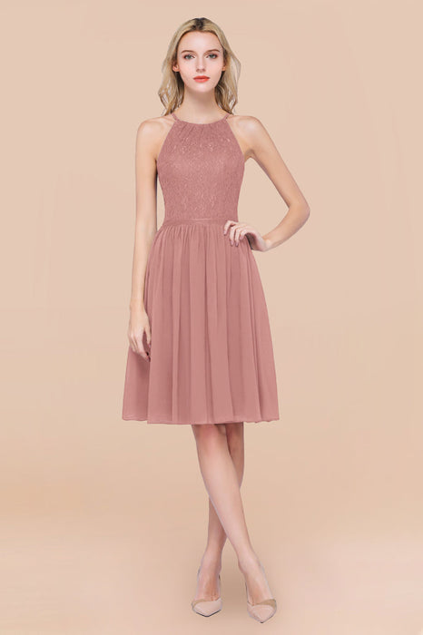 Bridelily Lovely Burgundy Lace Short Bridesmaid Dress With Spaghetti-Straps