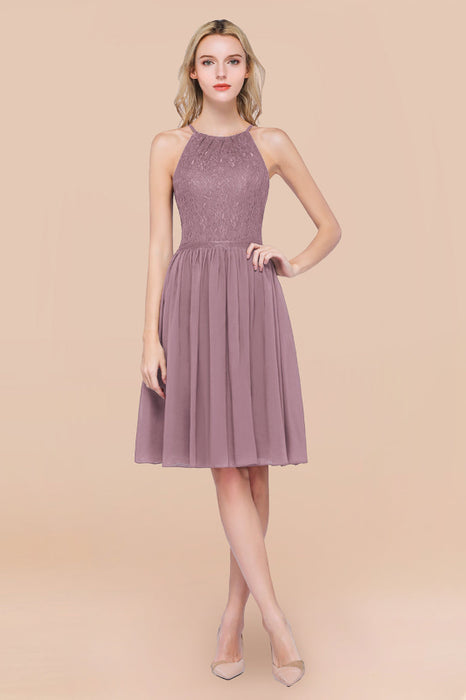 Bridelily Lovely Burgundy Lace Short Bridesmaid Dress With Spaghetti-Straps