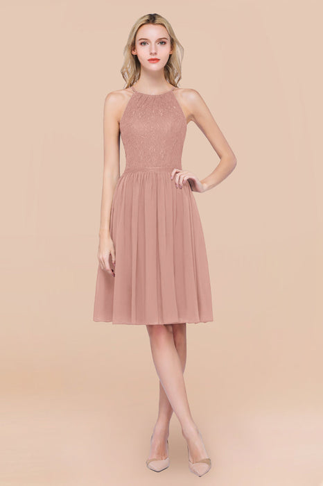 Bridelily Lovely Burgundy Lace Short Bridesmaid Dress With Spaghetti-Straps