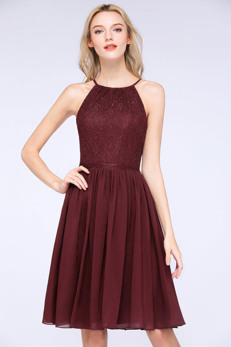 Bridelily Lovely Burgundy Lace Short Bridesmaid Dress With Spaghetti-Straps