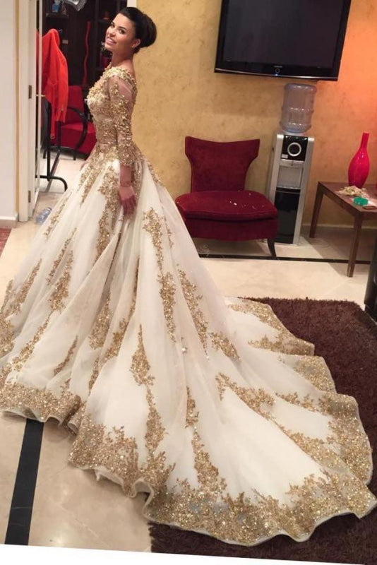 Luxurious Gold Lace Appliques 3/4 Sleeves V Neck Ball Gown Tulle Wedding Dress - Wedding Dresses