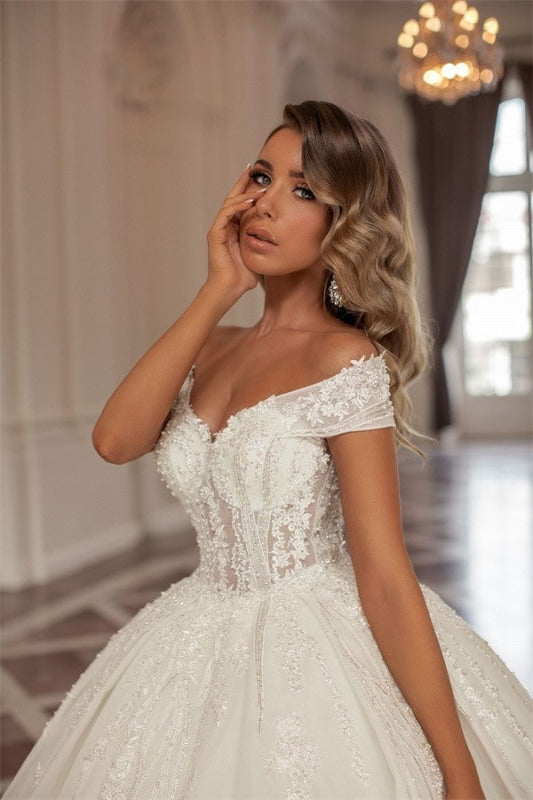 Off The Shoulder Long Sleeve Ball Gown Wedding Dress - Bridelily