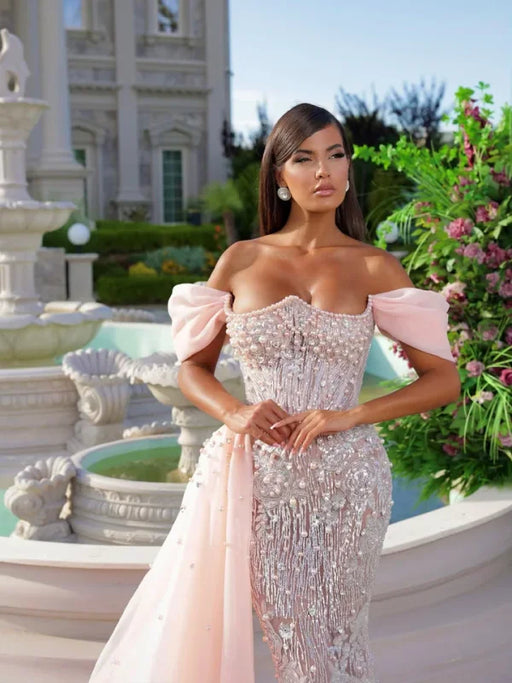 Luxurious Pink Off-the-Shoulder Beaded Long Mermaid Prom Dress