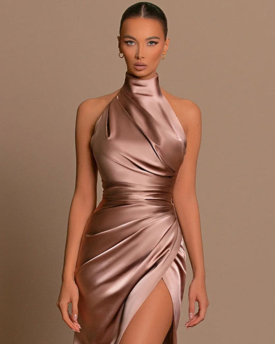 Mauve Halter Sleeveless Mermaid Prom Dress with High Slit