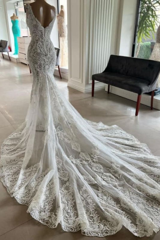 Mermaid Lace Sweetheart Wedding Dress V-neck Long Bridal Dress with Train - Wedding Dresses