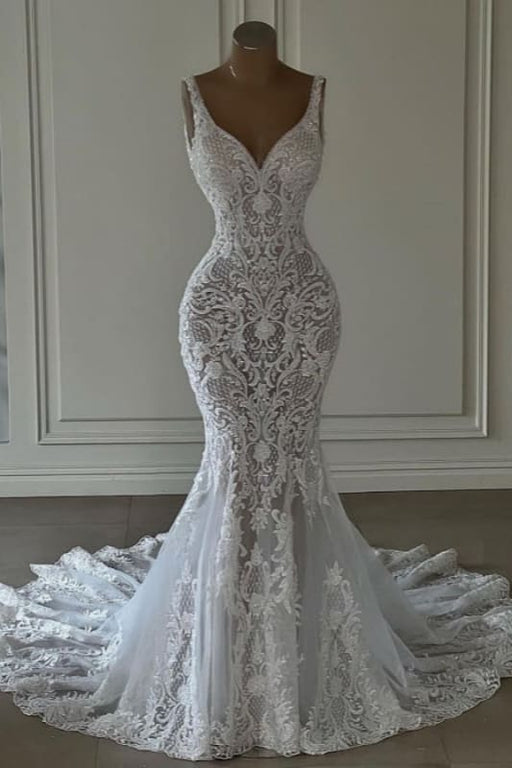 Mermaid Lace Sweetheart Wedding Dress V-neck Long Bridal Dress with Train - Wedding Dresses