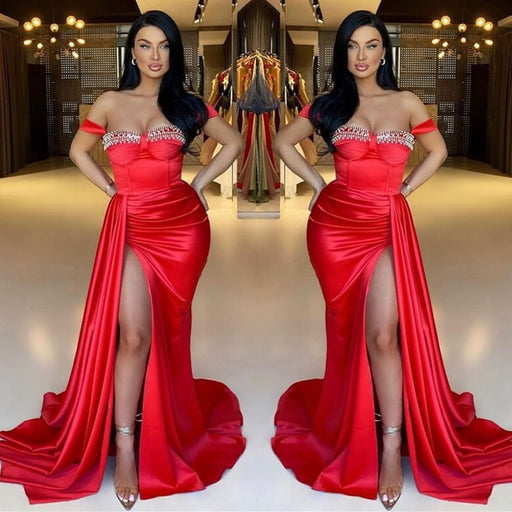 Mermaid Off-The-Shoulder Beadings Sweetheart Evening Dress Long With Ruffles in Red Split