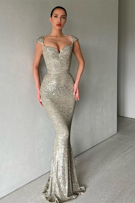 Mermaid Prom Dress with Long Sequins and Cap Sleeves