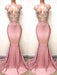 Mermaid Sleeveless V-Neck Sweep/Brush Train Lace Satin Dresses - Prom Dresses