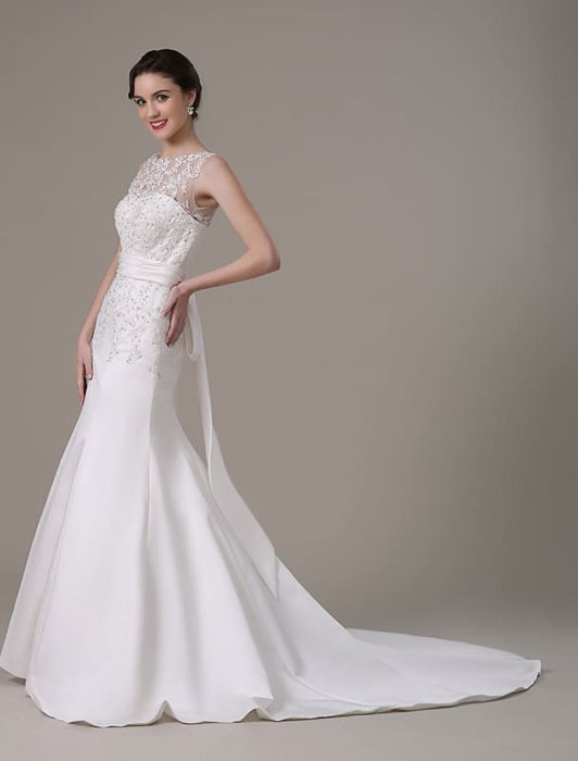 Mermaid Wedding Dresses With Elegant Detachable Lace Jacket Sweep Train(Veil not included) misshow