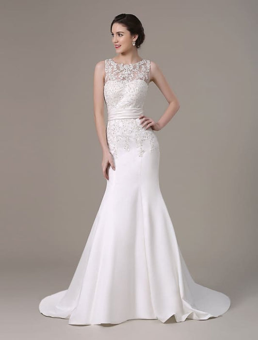 Mermaid Wedding Dresses With Elegant Detachable Lace Jacket Sweep Train(Veil not included) misshow