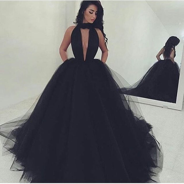 Midnight Elegance High-Neck Tulle Evening Gown