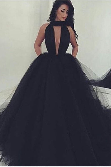 Midnight Elegance High-Neck Tulle Evening Gown