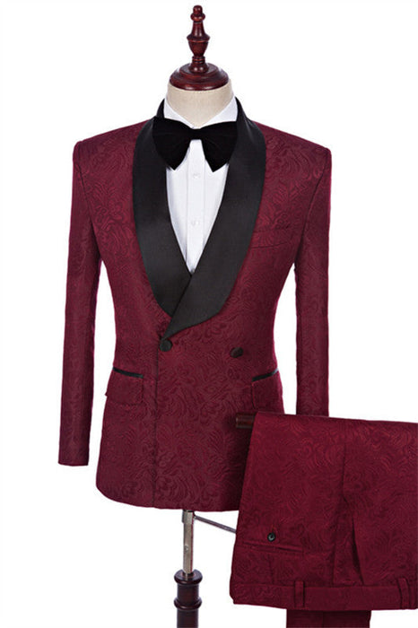 Dunn Modern Burgundy Shawl Lapel Jcaquard Two Pieces Men Suits For Wedding