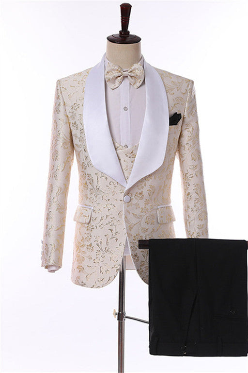 David Modern Champagne Jacquard Three Pieces Wedding Suits