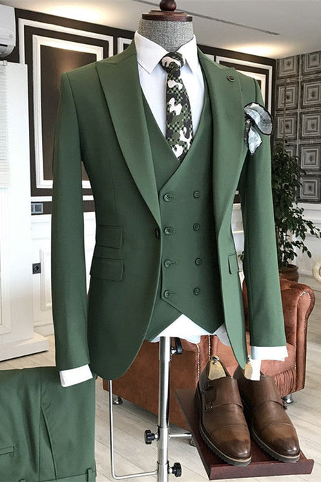 Gerard Modern Green Peaked Lapel Three Pieces Prom Suits