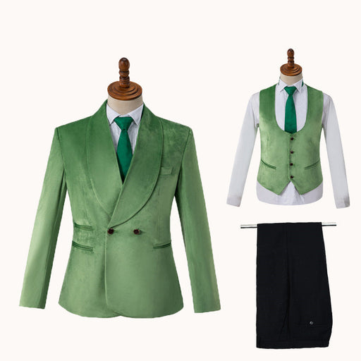 Vivian Modern Green Shawl Lapel Double Breasted Velvet Wedding Suits