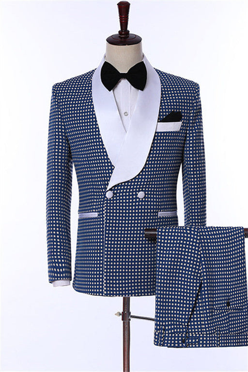 Dean Modern Navy Blue Dot Shawl Lapel Wedding Suits For Men