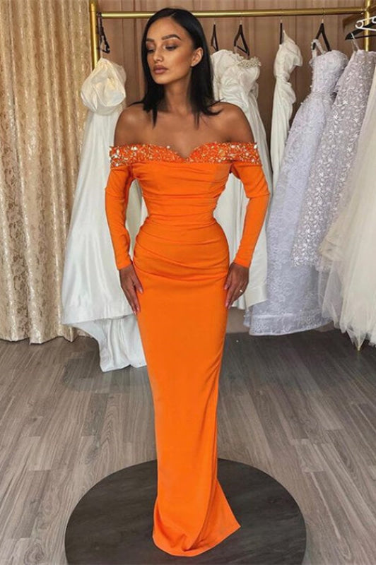 Modern Orange Off-The-Shoulder Long Sleeves Strapless Mermaid Prom Dress with Sequins