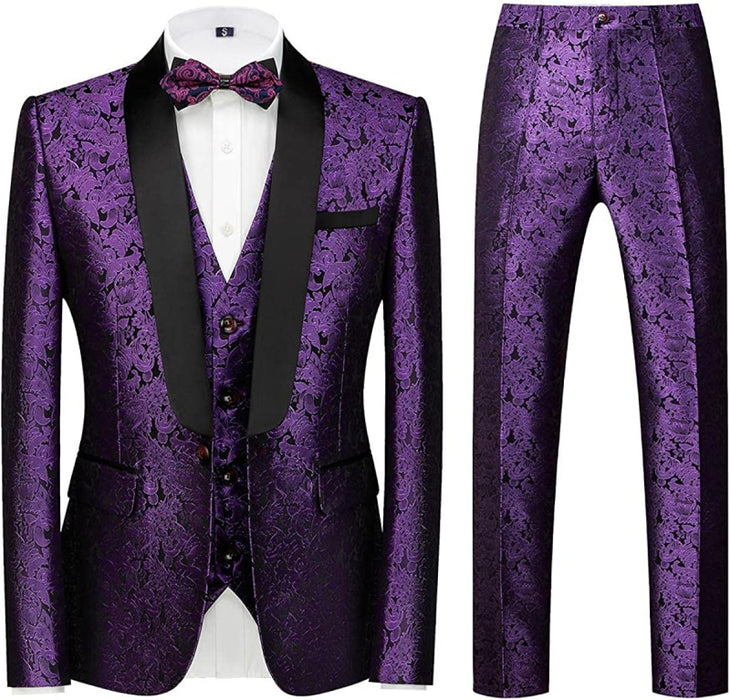 Guy Modern Purple Three Pieces Jacquard Suits For Wedding