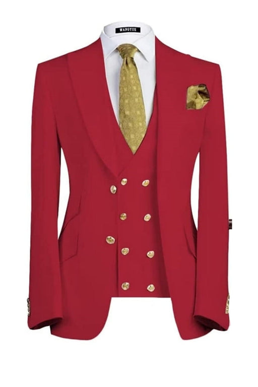 Beau Modern Red Three Pieces Peaked Lapel Prom Suits For Men