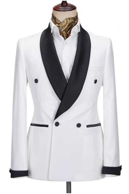 SSner modern white wedding suits with black shawl lapel