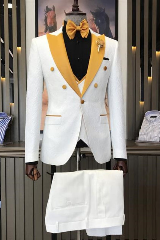 SSel Modern White Three Pieces Jacquard Wedding Suits With Yellow Peaked Lapel