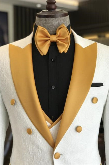 SSel Modern White Three Pieces Jacquard Wedding Suits With Yellow Peaked Lapel