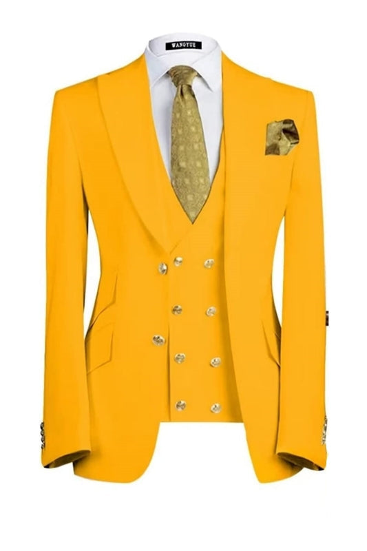 Buck Modern Yellow Three Pieces Peaked Lapel Men Prom Suits