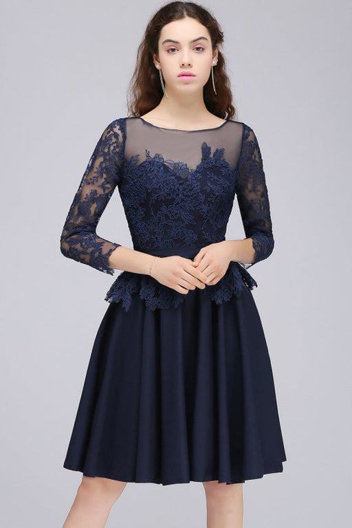 Bridelily Modest 3/4 Sleeves Short Navy Lace Bridesmaid Dresses with Appliques