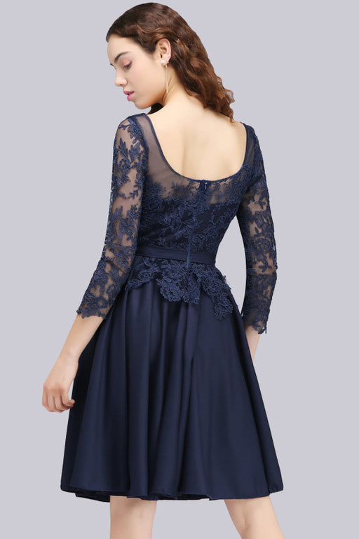 Bridelily Modest 3/4 Sleeves Short Navy Lace Bridesmaid Dresses with Appliques