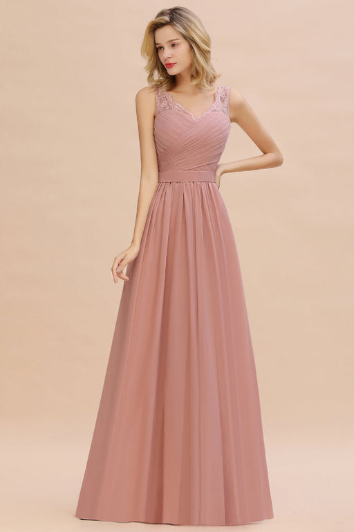 Modest Floral Lace A-line Bridesmaid Dress V-Neck Floor Length Ruched Chiffon Wedding Guest Dress - Dusty Pink / US 2 - Prom Dresses