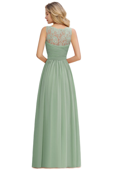 Modest Floral Lace A-line Bridesmaid Dress V-Neck Floor Length Ruched Chiffon Wedding Guest Dress - Prom Dresses