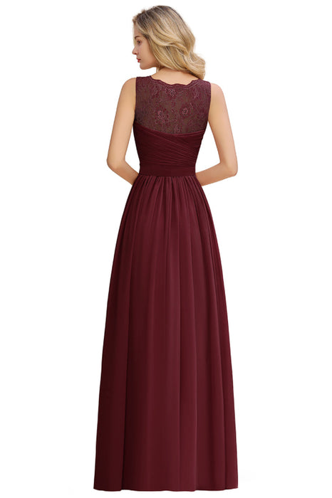 Modest Floral Lace A-line Bridesmaid Dress V-Neck Floor Length Ruched Chiffon Wedding Guest Dress - Prom Dresses