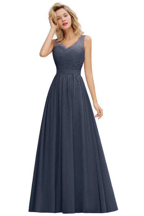 Modest Floral Lace A-line Bridesmaid Dress V-Neck Floor Length Ruched Chiffon Wedding Guest Dress - Stormy / US 2 - Prom Dresses