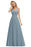 Modest Floral Lace A-line Bridesmaid Dress V-Neck Floor Length Ruched Chiffon Wedding Guest Dress - Dusty Blue / US 2 - Prom Dresses