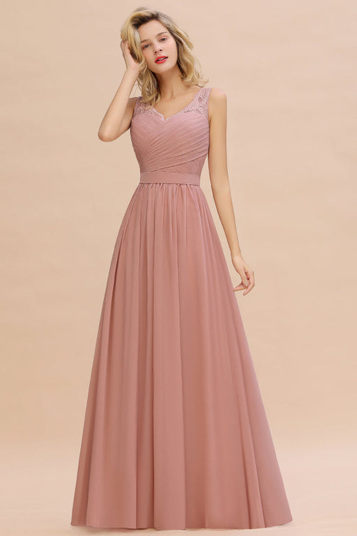 Modest Floral Lace A-line Bridesmaid Dress V-Neck Floor Length Ruched Chiffon Wedding Guest Dress - Prom Dresses